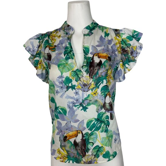 Lavender Brown Blouse Top XS Multicolor Toucan Design Ruffle Cap Sleeve V-Neck - Picture 1 of 12